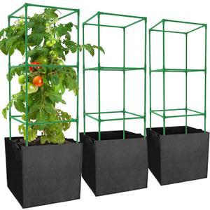 3 Packs 47 x 16 x 16 Inch Garden Tomato Cages with 17.7 Gallon Grow Bags- Square Plant Support Trellis Assembled with Planter Bags- Garden Cucumber Vegetables Frames for Vertical Climbing Plants