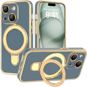 for iPhone 13 Case with Magnetic Ring Stand [Compatible Mag-Safe] [Military Grade Tested] iPhone 13 Phone Cases for Women Men, Gray Blue