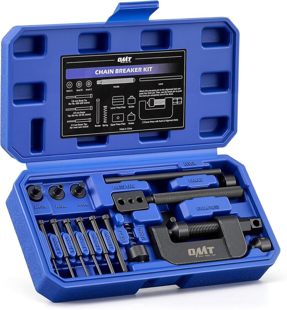 Orion Motor Tech Motorcycle Chain Rivet Tool, 20pc Motorcycle Chain Tool Kit with Blackened C Frame 5 Pins Pre-Press Cap, Pro Bike ATV Motorcycle Chain Breaker Cutter Removal Tool for 25 to 630 Chains