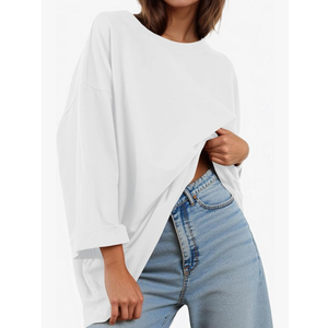 Tankaneo Womens Oversized 3/4 Bell Sleeve TShirts Casual Crewneck Fall Trendy Tunic Tops Loose Fit Basic Tees Size S