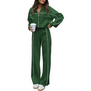 BTFBM Women's Two Piece Tracksuit Spring 2026 Long Sleeve Zip Up Sweatshirt Long Pants Outfits Jogger Sweatsuit Sets(Dark Green,Large)