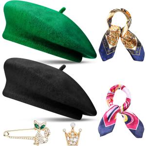 SATINIOR 6 Pieces Wool Beret Hat with Silky Scarf Brooch Solid Color French Beanie Hat for Women (Grass Green, Black)