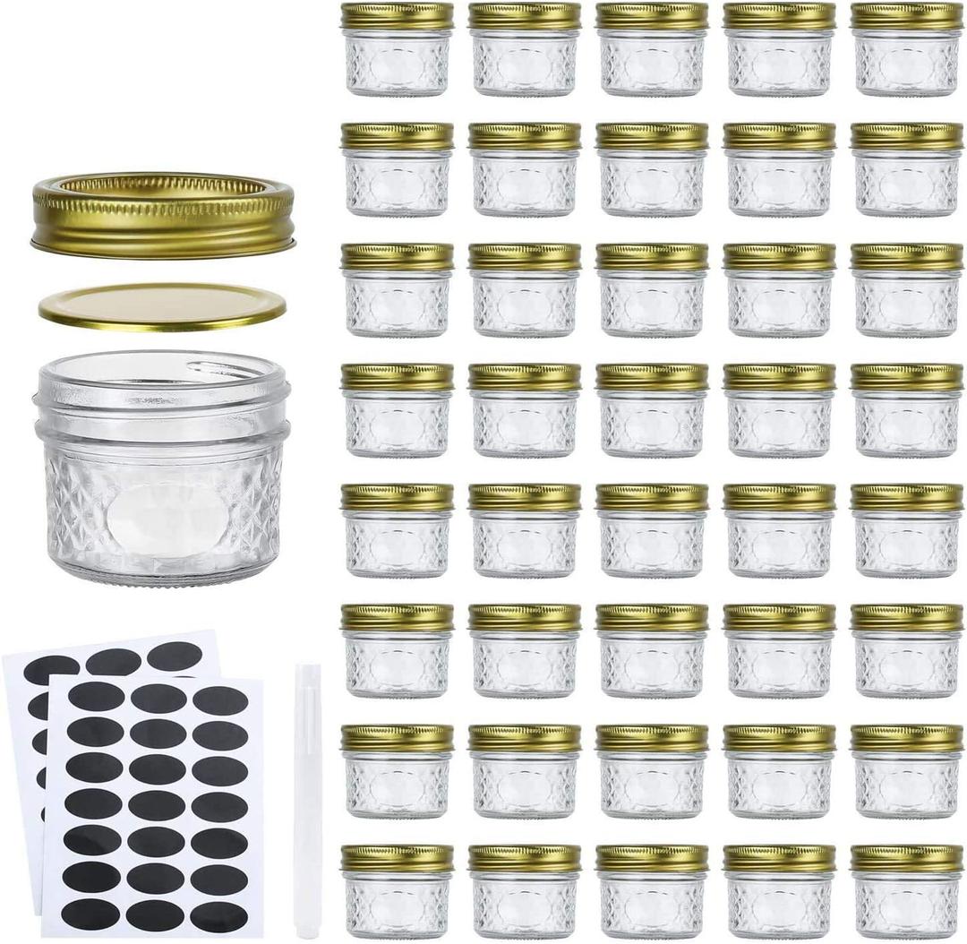 Encheng 4 oz Glass Jars With Lids And Bands, Small Canning Jars For Caviar, Herb, Jelly, Jams, Mini Wide Mouth Mason Jars For Kitchen Storage Preserving Food And Party Favors 40 Pack
