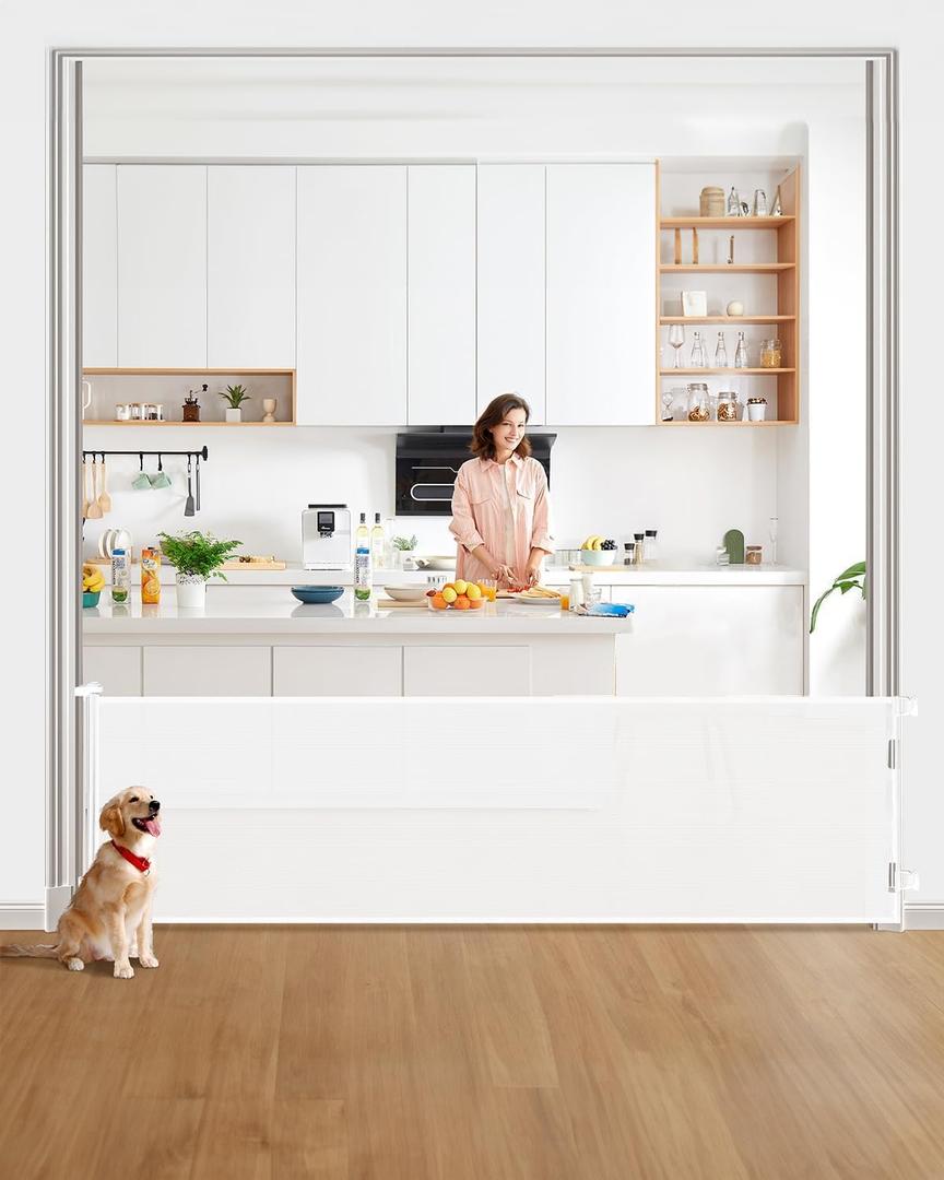 Retractable Baby Gate for Stairs 33 Height, Expands up to 118 Width Safety Gate for Infants, Toddlers, Dogs & Pets Easy Install, Secure Closure, White Mesh Design for Indoor & Outdoor Use