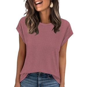 Summer Tops for Women Waffle Knit Tunic Shirts Cap Sleeve T-Shirt (S)