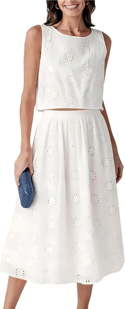 Wanzetaly Women's 2 Piece Skirt Set Hollow Out Eyelet Sleeveless Outfits (White), Large