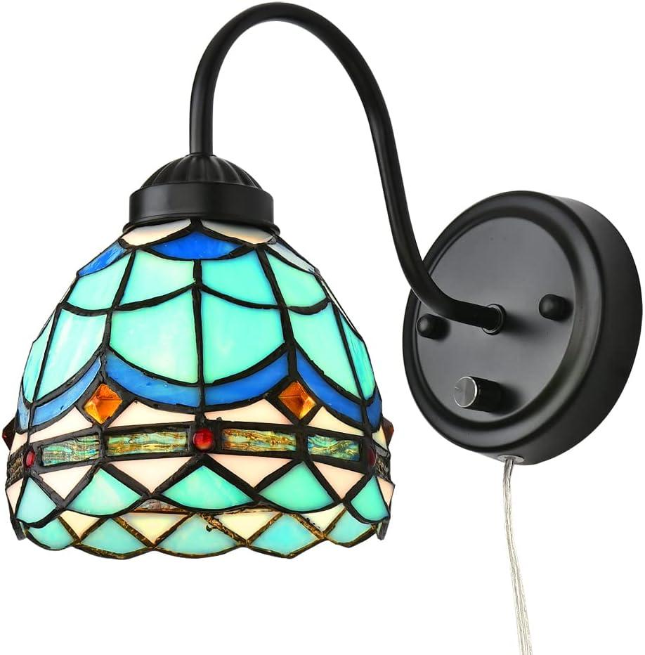 Bedside Wall Mount Lamp with Dimmable Switch, Industrial Vintage Gooseneck Wall Sconce with Plug in Cord, Wavy Blue Stained Glass Shade Wall Light Perfect for Bedroom, Living Room