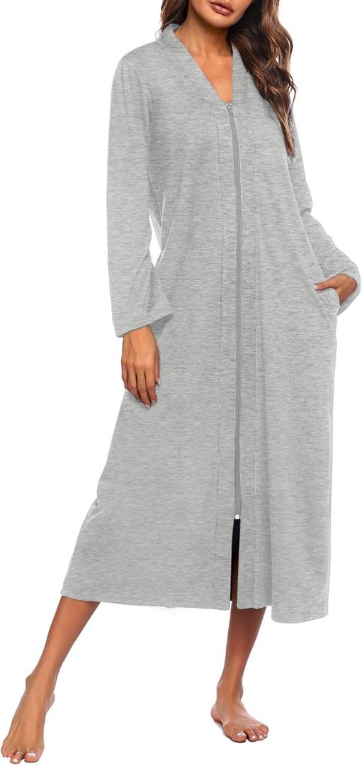 Ekouaer Women Zipper Robe Long Sleeve Loungewear Lightweight Housecoat Full Length Nightgown with Pockets (XX-Large, Gray)