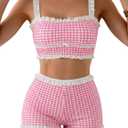 ZAFUL Womens High Waisted Bikini Sets 2 Piece Plaid Ruffle Swimsuits Back Strap Top with High Waisted Shorts Bathing Suit (Large, Hot Pink)