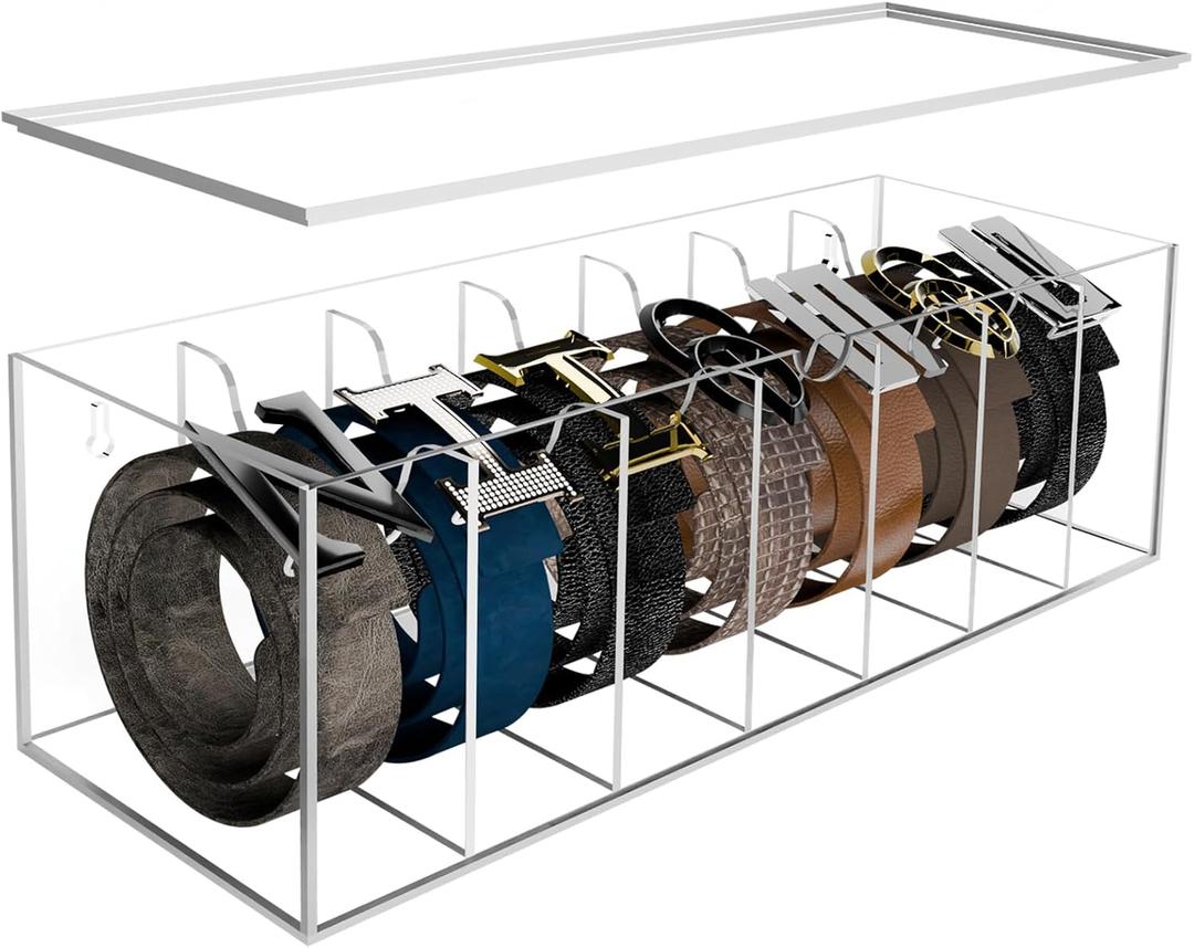 SIKWO Acrylic Belt Organizer with Flap Dust Cover – 7Compartment Clear Storage Case for Belts, Ties & Bow Ties | Closet & Drawer Display Holder for Men & Women