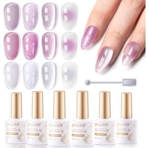 GELLEN Purple Gel Nail Polish Set, 12PCS Jelly Purple Lavender Gel Polish Set Beige Gra, Glitter U V Gel Nail Polish Kit, Include Clear Cat Eye Gel Polish Blooming