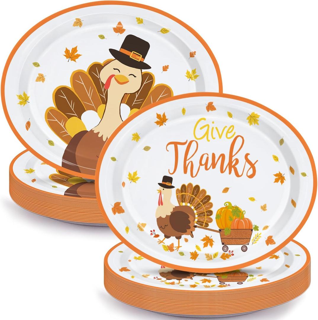 30PCS Turkey Thanksgiving Oval Paper Plates Thanksgiving Large 9" X 11" Plates Autumn Disposable Dinner for Harvest Give Thanks Party Tableware Supplies