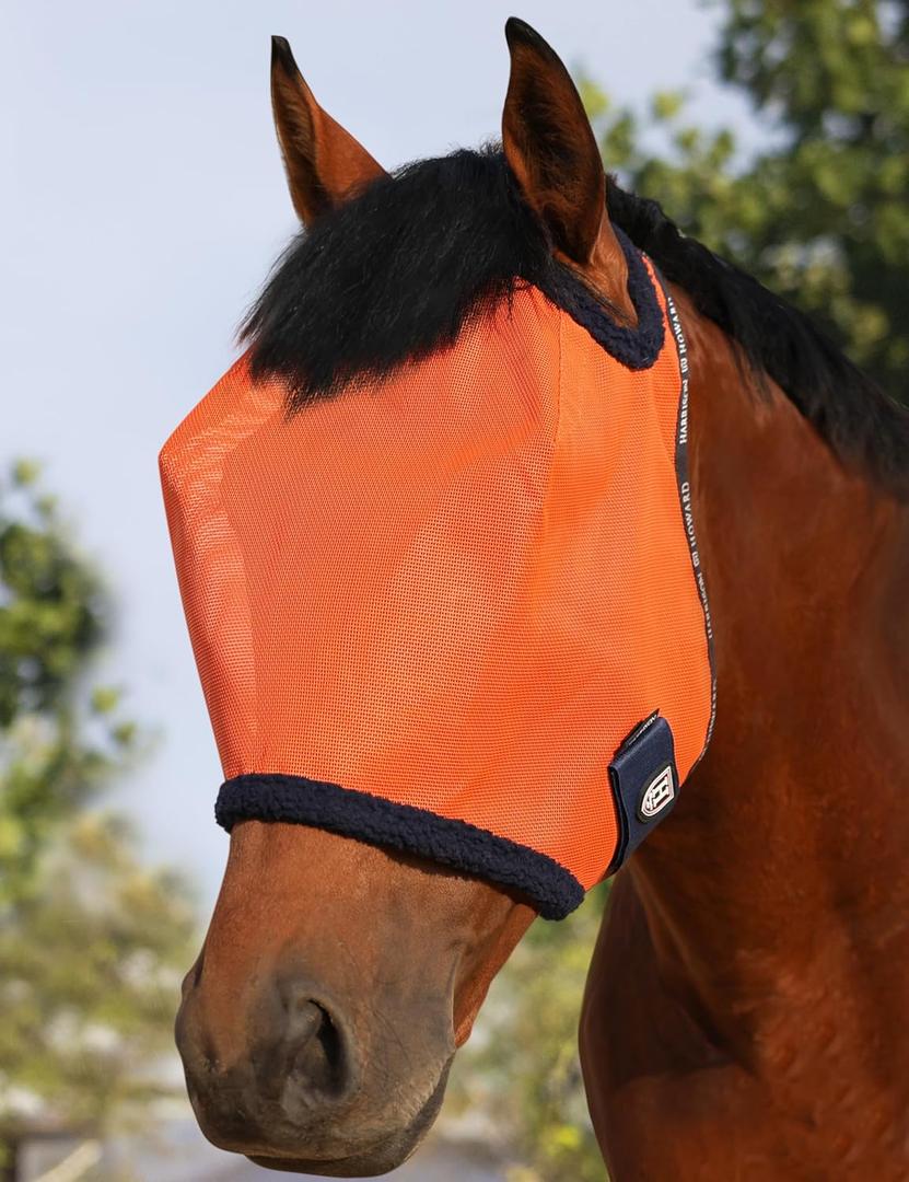 Harrison Howard All Round Mesh Horse Fly Mask UV Protective with Fleece Padded Edging Vibrant Orange L