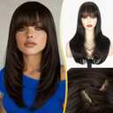 Sakuraaa Brown Straight Wig with Bangs 20 Inch Medium Length Layered Synthetic Wigs for Women, Realistic Scalp Natural Looking Heat Resistant Wig for Daily Party Cosplay Use