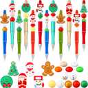 Fuutreo 12 Set 126 Pcs Christmas Beadable Pens Kit Silicone Plastic Wooden Beaded Pens Candy Beads Pen Snowmen Santa Bead Ballpoint Pen Black Ink for Students Kids Teacher School Making DIY(Silicone)