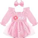 HONGTEYA Baby Girl 1st Birthday Outfit First Romper Tulle Dress Gifts (Pink)