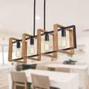 Dining Room Light Fixture Farmhouse Pendant Lights Kitchen Island Rustic Kitchen Light Fixtures 4 Lights Wood and Black Metal Rectangular Chandelier Ceiling Hanging Lighting 35.4"