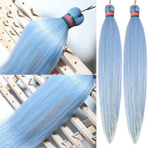 RUN SHUI Baby Blue mix Tinsel Pre stretched Braiding Hair 2 Packs Pre feathered Braid Hair Extensions 18 Inches Hair Braids