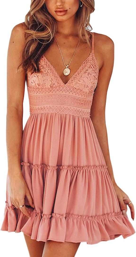 ECOWISH Summer Dresses for Women 2026 V-Neck Spaghetti Strap Bowknot Backless Sleeveless Lace Mini Swing Skater Dress (Pink, M)