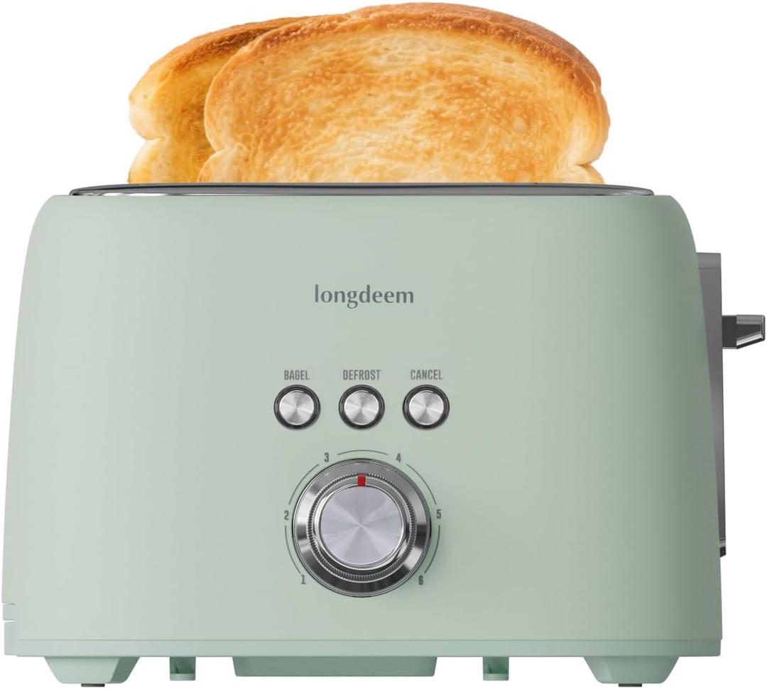 2 Slice Toaster - Stainless Steel, 1.5" Extra Wide Slots, 6 Browning Settings, Bagel/Defrost/Cancel Modes, Green
