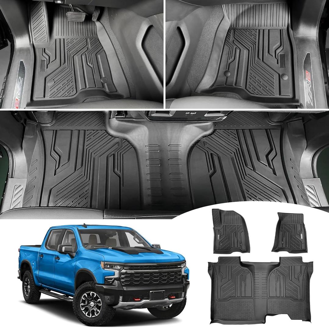 Truck Floor Mats for 2019-2025 Chevy Silverado/GMC Sierra 1500 & 2020-2025 Silverado/Sierra 2500HD/3500HD Crew Cab, All-Weather Non-Slip Floor Liners(1st & 2nd Row)