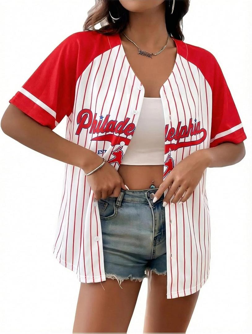 Baseball Jersey Women Game Day Shirt Baseball Player Graphic Tees Button up Short Sleeve Fan Tops (Red, L)