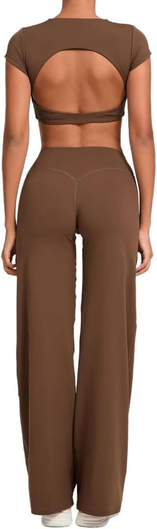 watersouprty 2 Piece Workout Sets for Women Cropped Tops Straight Leg Pants Pilates Outfits M