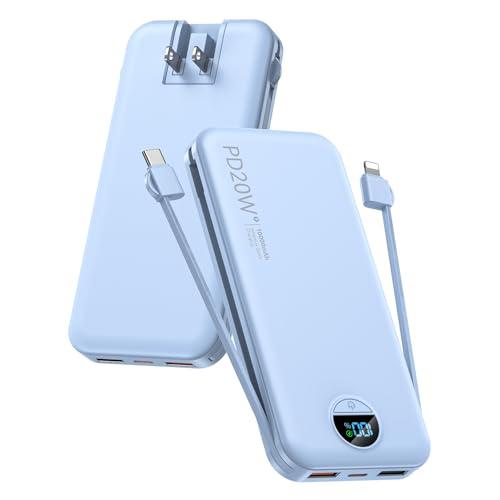 Portable Charger with Built-in Cables and Wall Plug, 10000mAh PD20W USB C Power Bank Fast Charging with LED Display, External Battery Pack Travel Essentials Compatible with iPhone, iPad, Samsung Blue