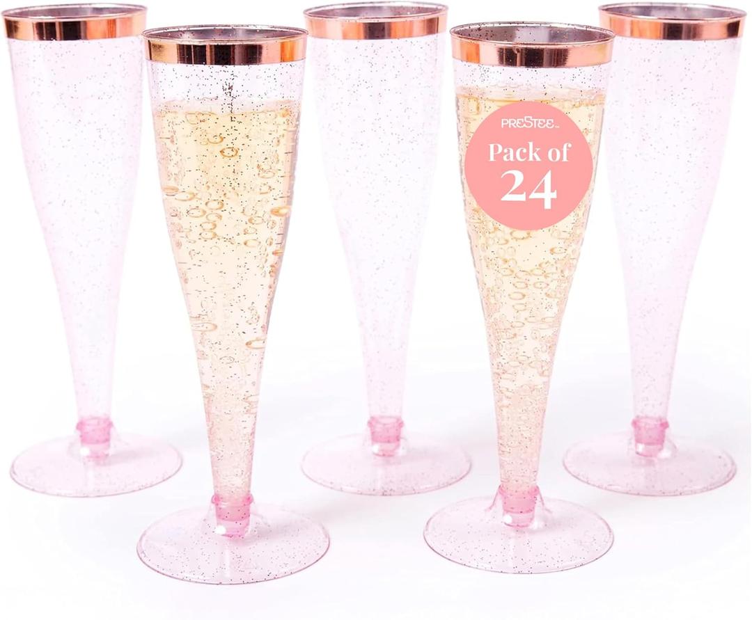 Prestee Set of 24 Plastic Champagne Flutes Disposable - Silver Glitter Pink Champagne Glasses with Rose Gold Rim, Elegant Toasting Cups for Weddings, Cocktail Parties, New Year's Celebrations, Pack of 4 (24 Count - Pack of 1), Rose Gold Rim/Glitter)