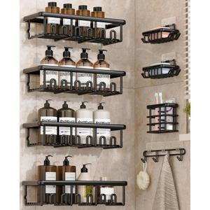 8 Pack Adhesive Rustproof Shower Shelves with Soap Dishes, Toothbrush Holder & Hooks, Large Capacity No-Drilling Shower Shelves Rack for Bathroom Organizers and Storage Accessories, Black