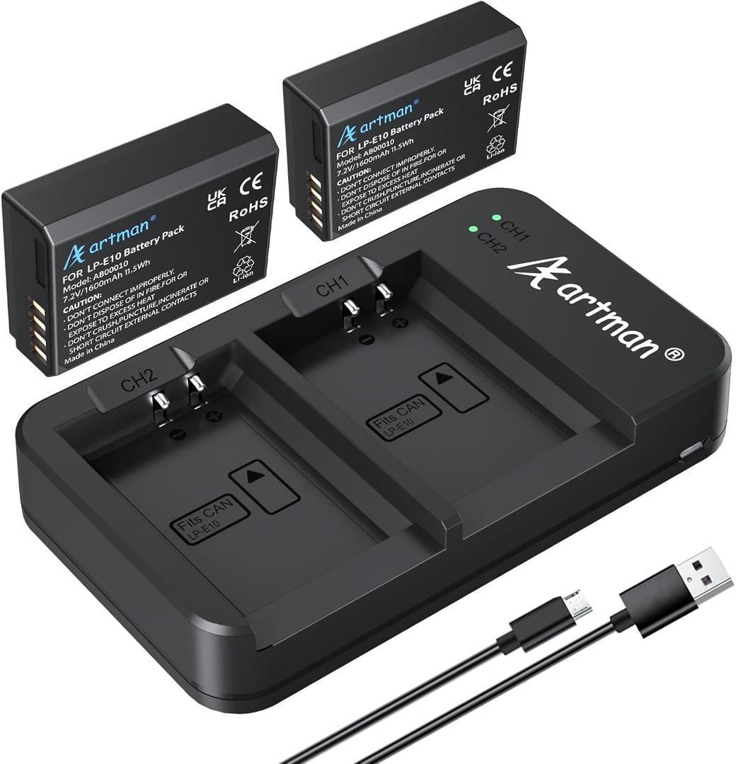 Artman LP-E10 Battery 2-Pack 1600mAh and Rapid Dual USB Charger for Canon LP E10, EOS Rebel T7 T6 T5 T3 T100, Kiss X50 X70 X80 X90, EOS 1100D 1200D 1300D 1500D 2000D 3000D 4000D Digital Cameras