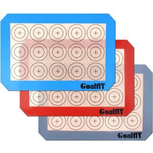 Small Macaron Silicone Baking Mat, 3 Pack Quarter Sheet Baking Mats (11.8 x 8.5 IN), Silicone Baking Sheet for Macarons, Cookies, Pastry, Pizza (Red, Blue, Grey)