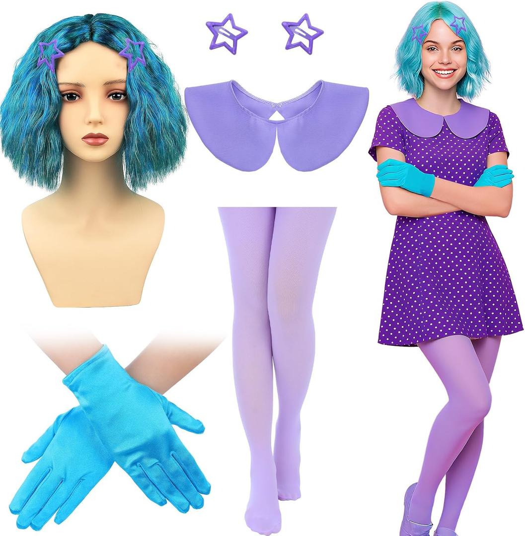 JenPen 6 Pcs Halloween Women Costume Accessories Include Blue Green Wig Gloves Purple Fake Collar Stockings with Hairpins for Cartoon Movie Girls Cosplay Emotion Party