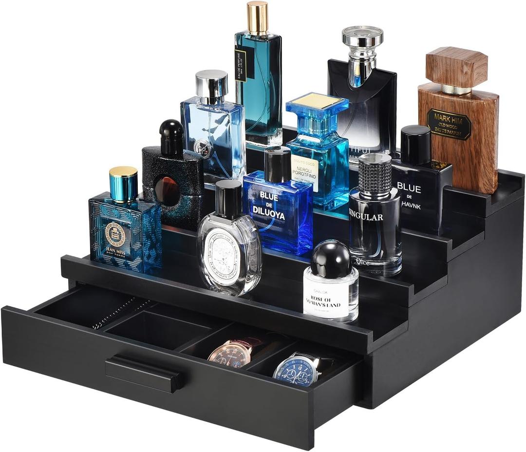 Perfume Organizer for Men, 4 Tier Wood Perfume Display Stand with Velvet Lining Drawer and Hidden Compartment for Watch,Jewelry,Perfume Display Risers,A Gift for Men (Black)