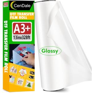 DTF Film Roll 13 inch x 328ft Glossy - A3+ DTF Transfer Film Roll, Hot & Cold Peel DTF Roll Film 13 inch, Single-Sided Clear DTF Paper Roll for Dark & Light T-Shirts (13" x 100M, Glossy)