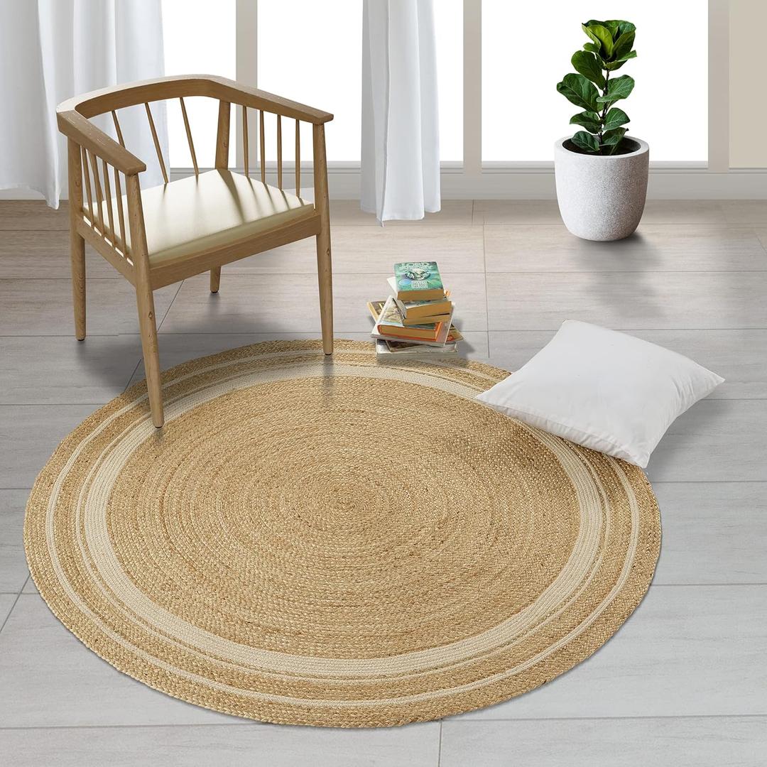 GRUHUM Jute Cotton Area Rug 4ft Round Natural Fiber Handmade Boho Farmhouse Jute Area Rug Soft Braided Rustic Vintage Reversible Rug- Indoor Kitchen Bedroom Living Room Hallways Enterway 4ft Circle