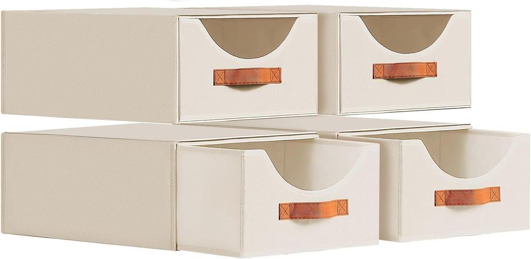 Homsorout Closet Organizers and Storage - Large Stackable Storage Bins with Drawer, Fabric Bins for Organization, Collapsible Drawer Organizer Clothes for Bedroom, Living Room, 4 Pack, Beige