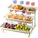 3 Tier Serving Tray, Serving Stand with Serving Dishes for Dessert Table Display Set, Ceramic Large Serving Platters for Entertraining, 14-inch (Gold Stand) (14.3" x 11.8" x 9.5")