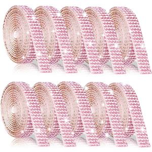 Self Adhesive Rhinestone Ribbon - 10 Rolls 10 Yard Rhinestone Strip - Glitter Bling Crystal Diamond Ribbon for DIY Decor, Shoes, Wedding, Party, Crafts - 4 Rhinestones/Row, Light Pink