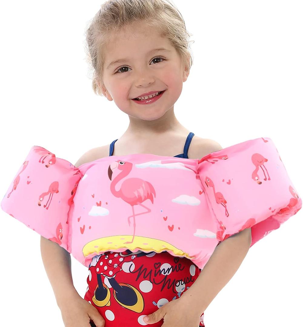 Double Couple Toddler Swim Vest with Sleeves Cartoon Adjustable Strap Swimming Jacket Pool Floaties for Kids 20-50 Pounds Boys and Girls Child, Pink Flamingo