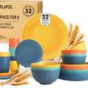 Wheat Straw Dinnerware Sets, Plates and Bowls Sets Unbreakable & Microwave Safe - 32 Piece Service for 8 Dinner Plate Dessert Plate Cereal Bowl Cup for Kitchen & Outdoor - Multi