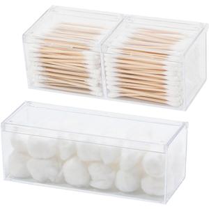 2 Pack Qtip Holder Dispenser with Lid , Plastic Bathroom Vanity Canister for Counter, Drawer and Cabinet Use, Cotton Balls, Makeup Pads, Floss Picks, Clear Desk Container