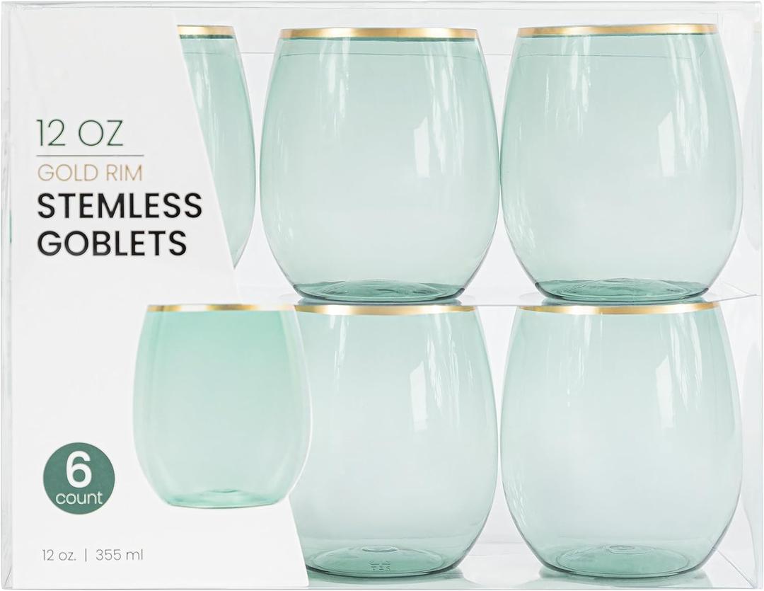 PLASTICPRO 11 Pack Green With Gold Rim Plastic Wine Glasses Stemless Disposable 12 oz BPA Free Shatterproof Plastic Wine Cups Wine Glasses for Parties PLASTICPRO 11 Pack Green With Gold Rim Plastic Wine Glasses Stemless Disposable 12 oz BPA Free Shatterproof Plastic Wine Cups Wine Glasses for Parties