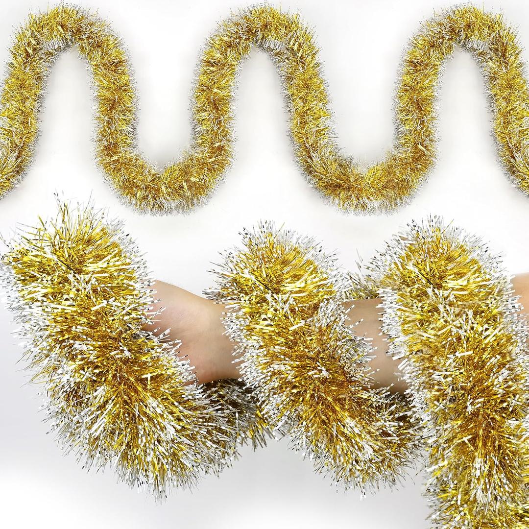 50FT Christmas Tinsel Garland Gold Metallic Twist Xmas Frosted Tip Hanging Garland for Christmas Tree Decoration Indoor Outdoor Home Holiday Party Decor
