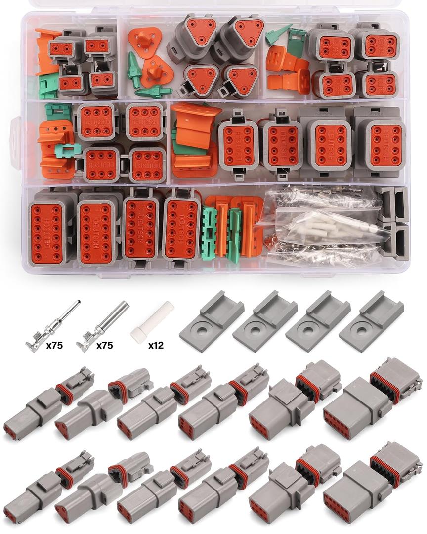 215 PCS Deutsch Connector Kit, 2 3 4 6 8 12 Pin Waterproof DT Series Connector Assortment,IP68 Waterproof Automotive Electrical Connectors & Size 16 Stamped Contacts for Car Truck Marine Wiring