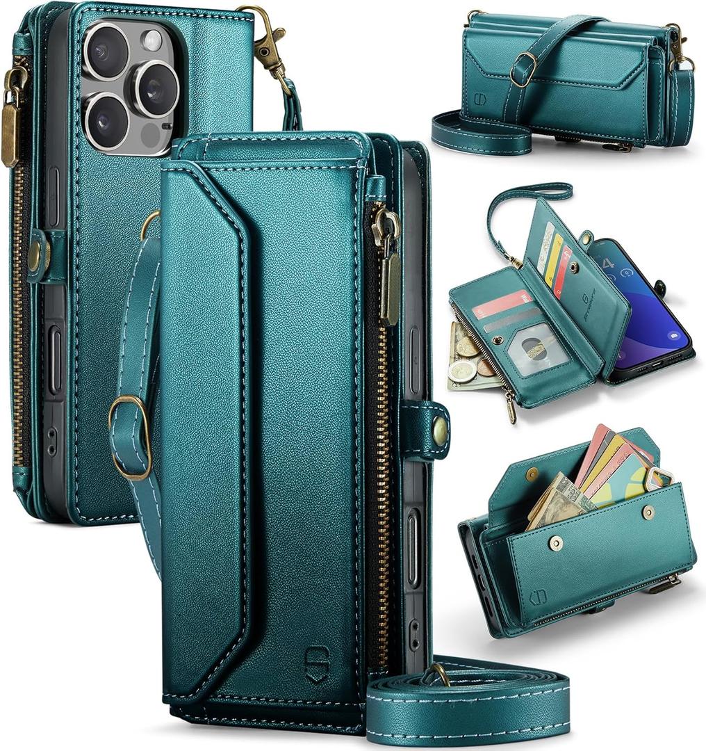 Wallet Case Compatible with iPhone 16 Pro 6.3" RFID Blocking 10-Card Holder Soft PU Leather Magnetic Snap Shoulder Strap Zipper Pocket Phone Case Fit for iPhone 16 Pro for Women - Blue Green