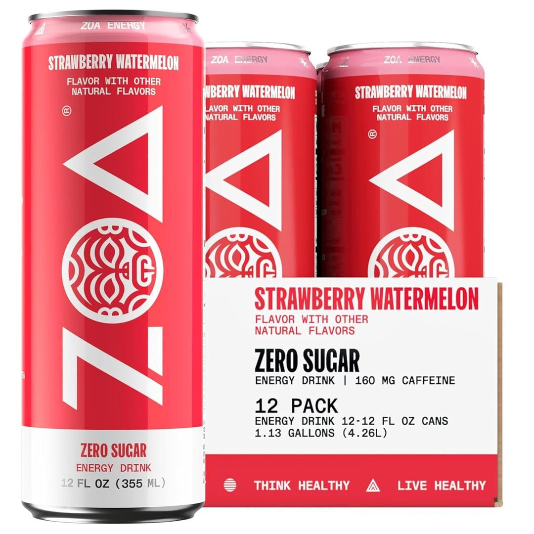 ZOA Zero Sugar Energy Drinks - Strawberry Watermelon | Healthy Energy Formula with Natural Caffeine, Daily Vitamin C, Essential B-Vitamins | Gluten-Free, Keto Friendly | 12 Ounce Cans (Pack Of 12) (EXP 12/01/26)