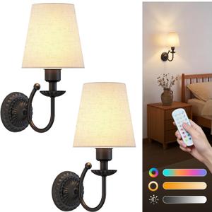 Wireless Wall Sconces Set of Two, 5300mAh Battery Operated Wall Sconce, Rechargeable Bulbs with Remote, 15 Colors Dimmable Wall Sconces with Fabric Shade for Bedroom Living Room Hallway (Black)