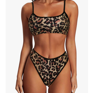 SUUKSESS Women High Waisted 2 Piece Bikini Set Cheeky High Cut Bandeau Swimsuit M Leopard