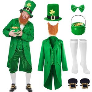 Shihanee 9 Pcs Leprechaun Costume Adult Men St. Patrick's Day Outfit Suit Hat Beard Bow Tie Brooch Socks Shoes Buckle Pot (Green, M)